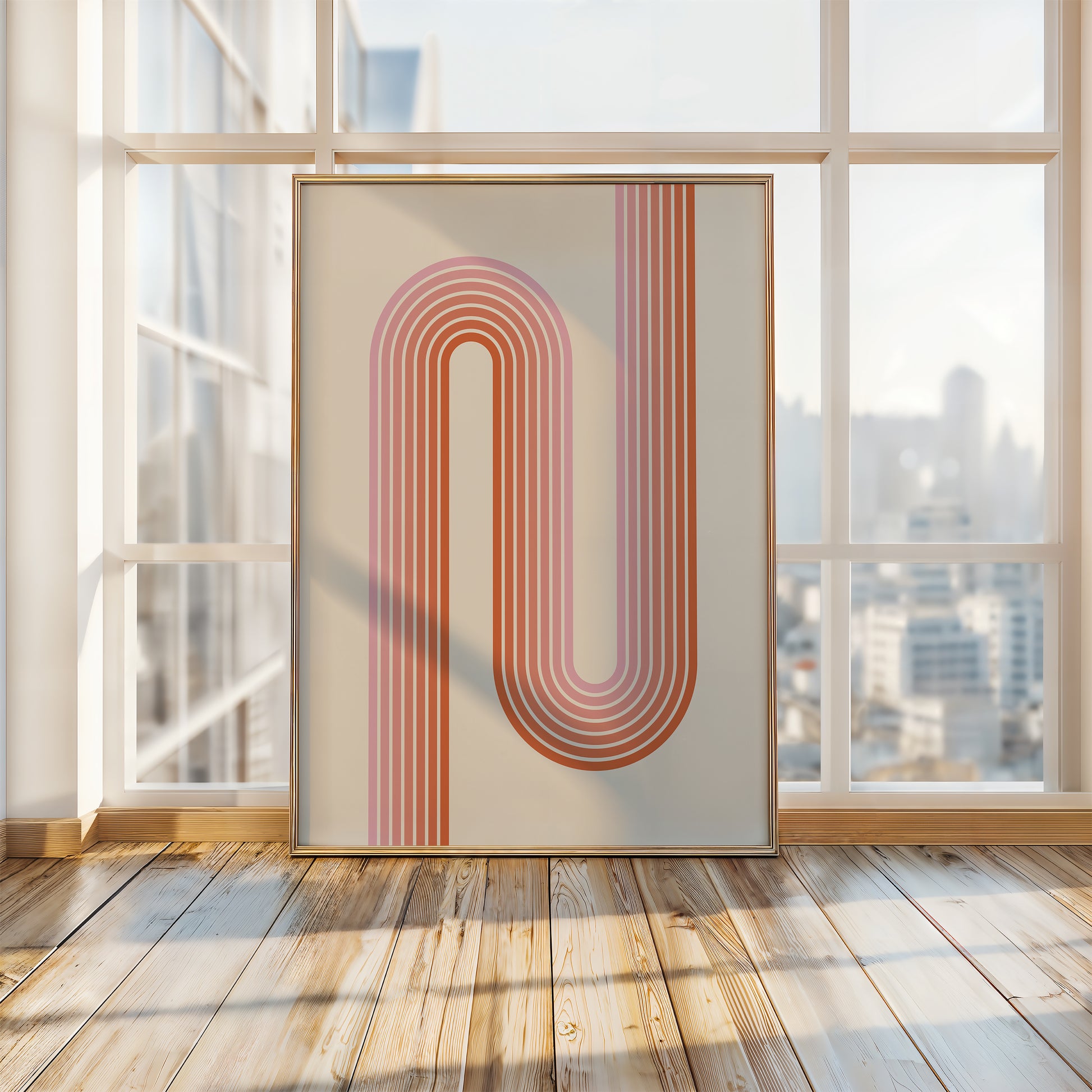 Sunset Stripes wall art print featuring Bauhaus-inspired design with warm coral and soft blush lines.