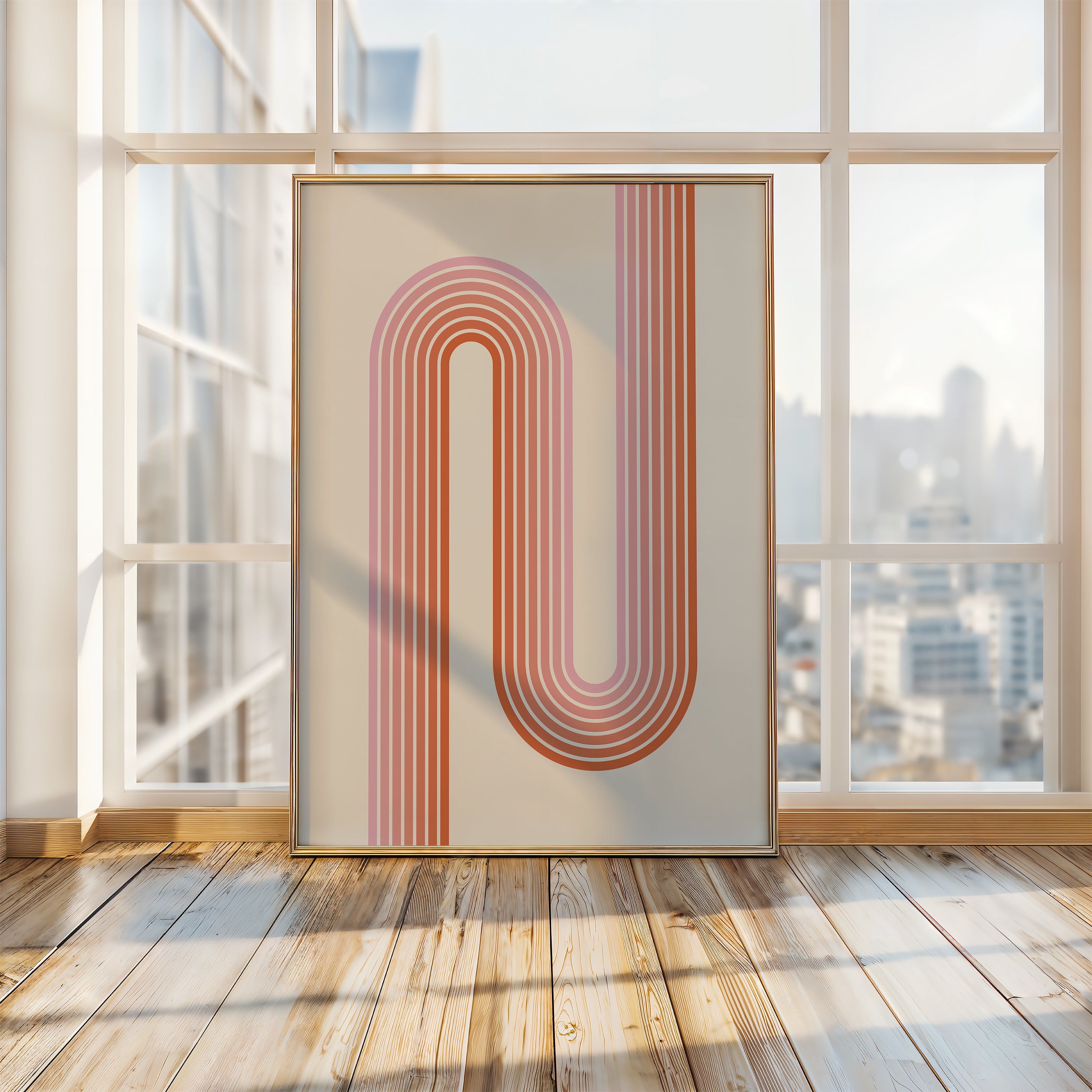 Sunset Stripes wall art print featuring Bauhaus-inspired design with warm coral and soft blush lines.