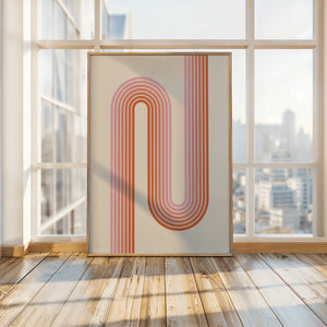 Sunset Stripes wall art print featuring Bauhaus-inspired design with warm coral and soft blush lines.