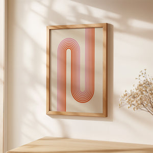 Sunset Stripes wall art print with Bauhaus design, featuring coral and blush geometric patterns in a modern frame.