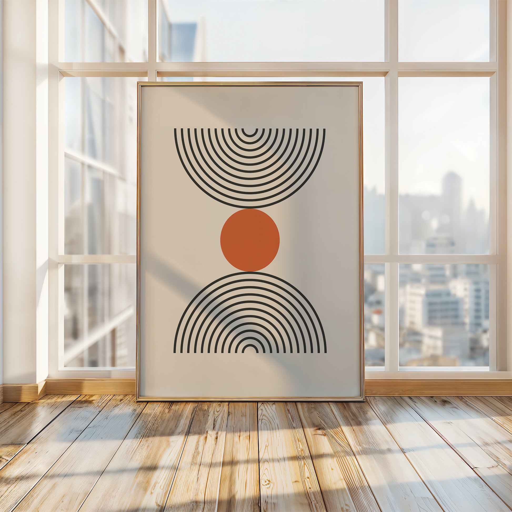 Bauhaus-inspired wall art print with black concentric semicircles and a burnt-orange circle, showcasing modern design.