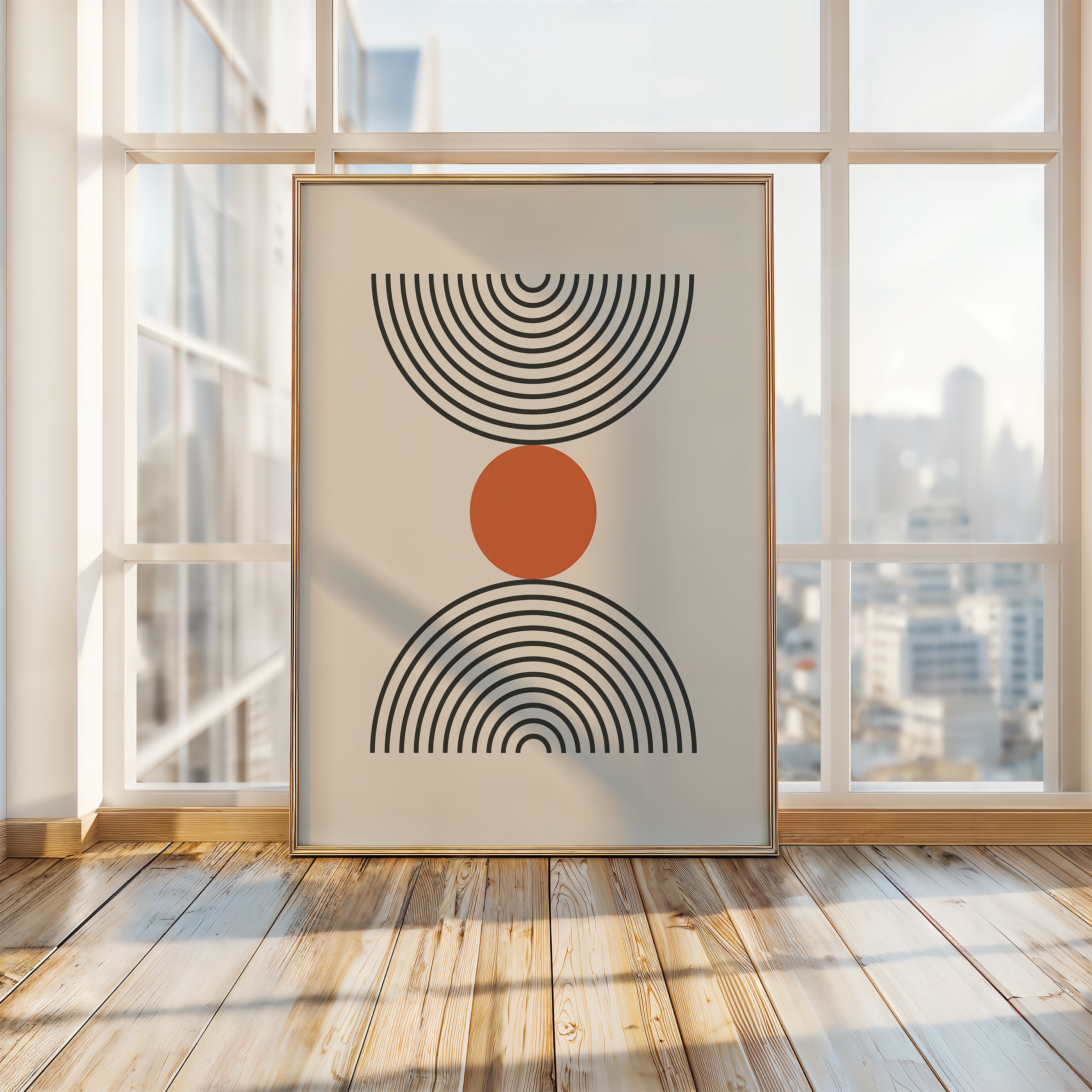 Bauhaus-inspired wall art print with black concentric semicircles and a burnt-orange circle, showcasing modern design.
