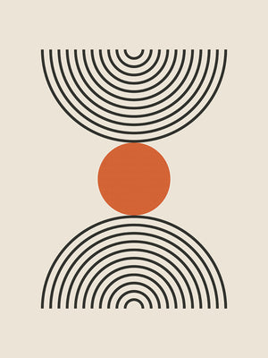 Bauhaus-inspired wall art print featuring concentric black semicircles and a central burnt-orange circle.
