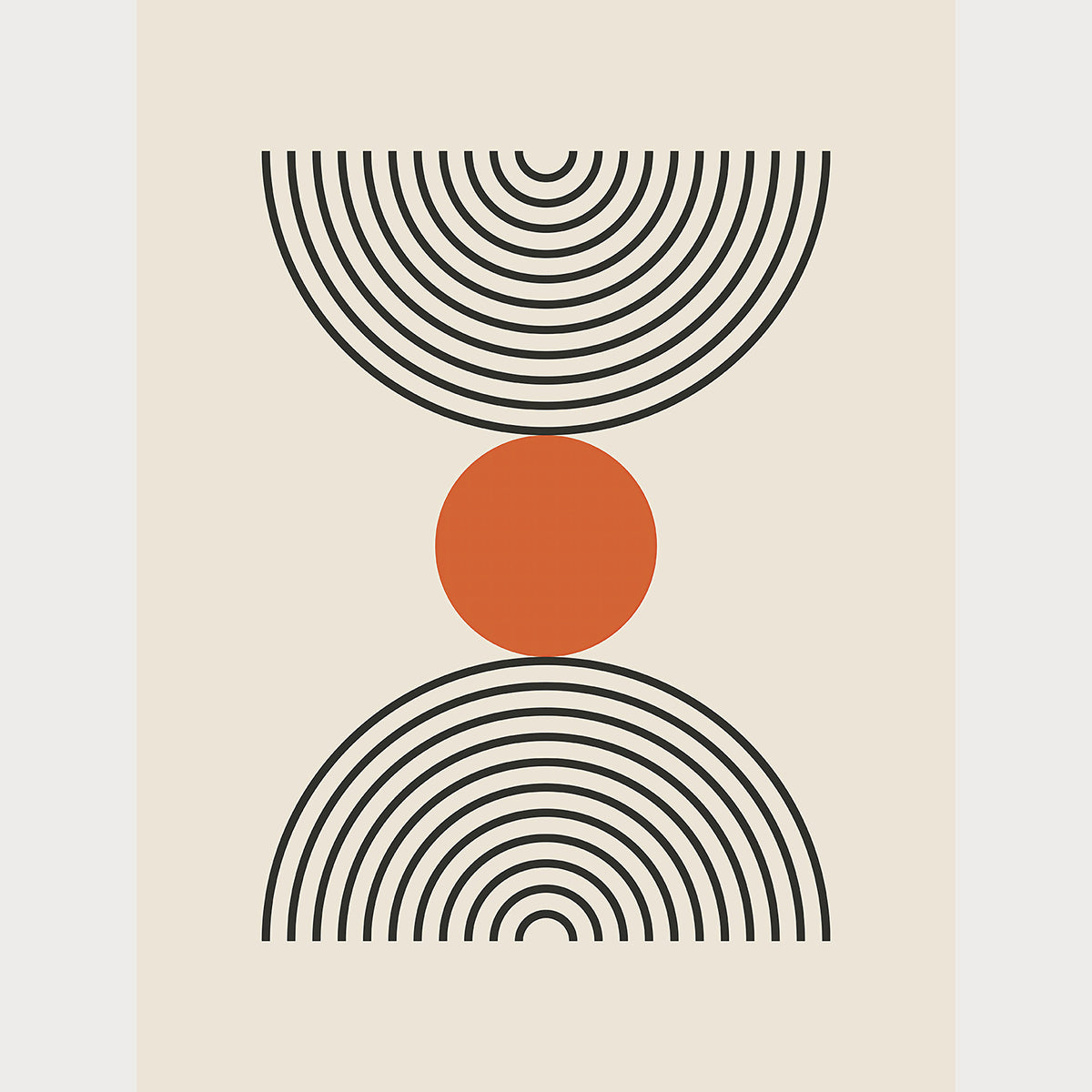 Bauhaus-inspired wall art print depicting concentric semicircles and a burnt-orange circle in minimalistic design.