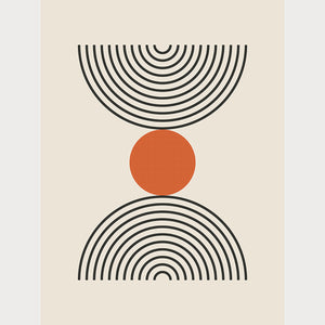 Bauhaus-inspired wall art print depicting concentric semicircles and a burnt-orange circle in minimalistic design.