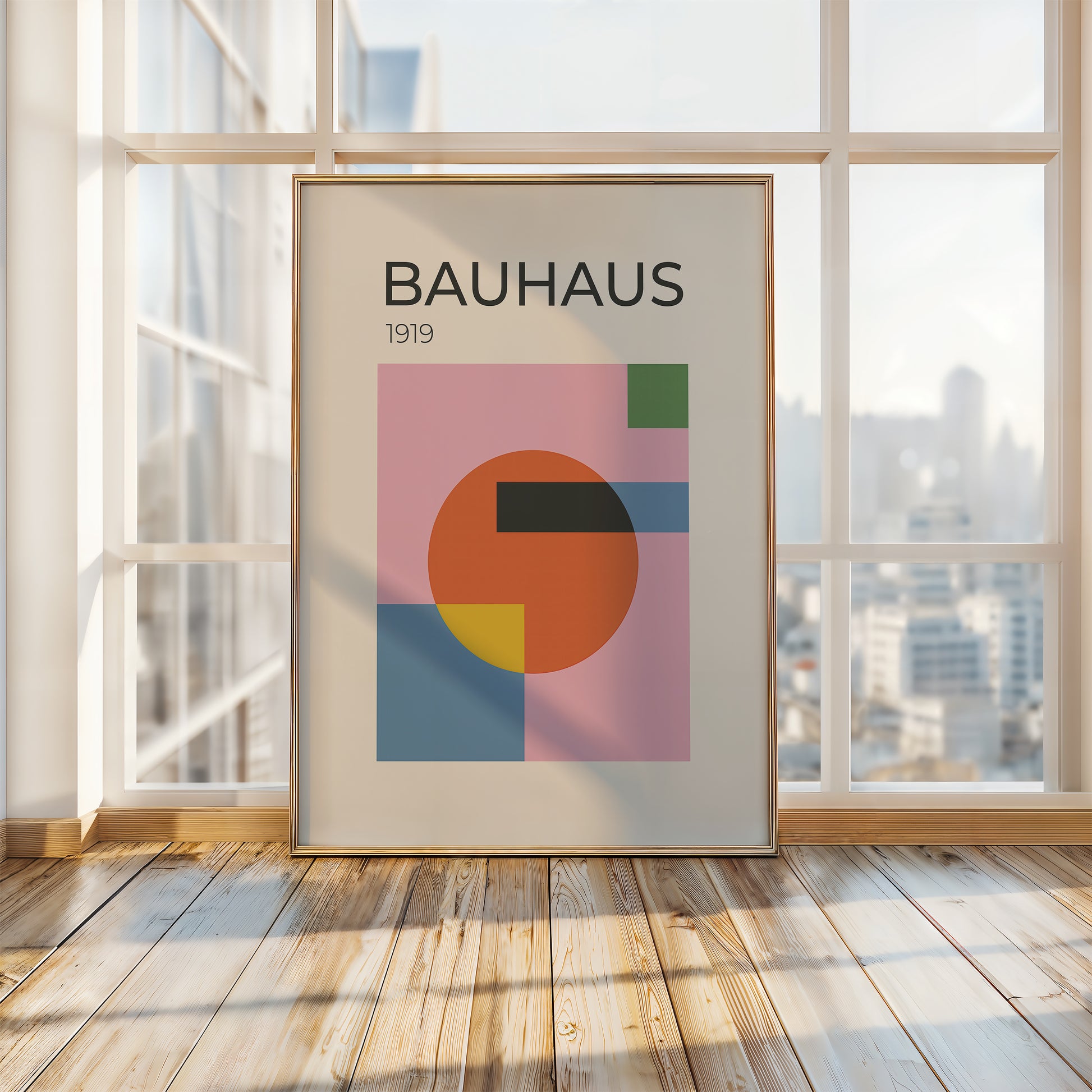 Bauhaus art print featuring geometric shapes and vibrant colors in modern interior setting.