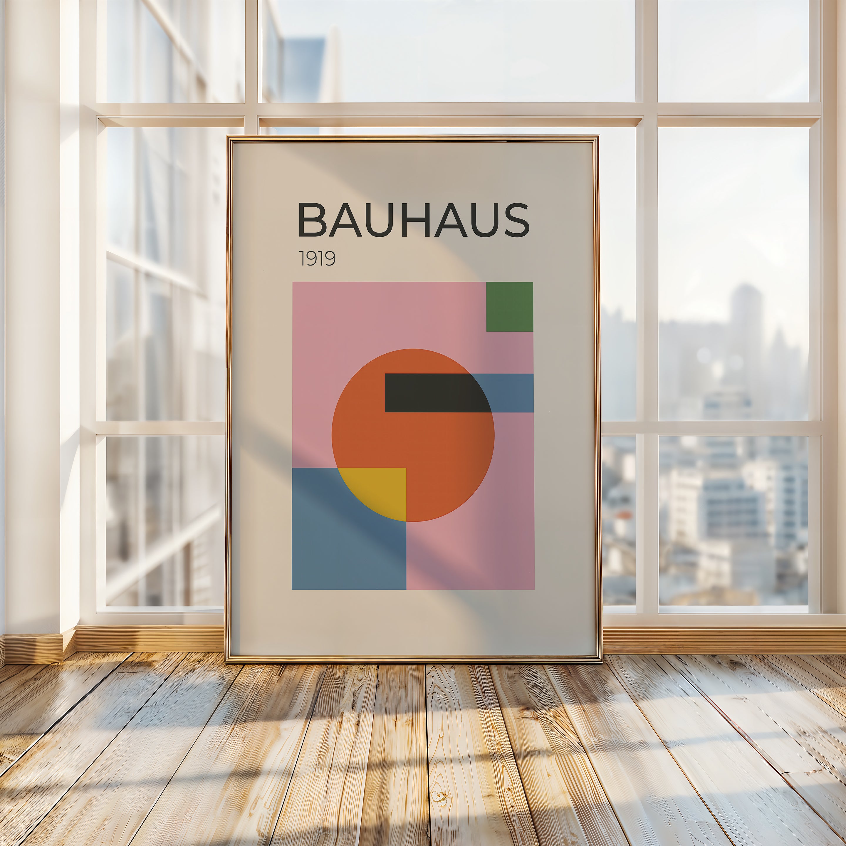 Bauhaus art print featuring geometric shapes and vibrant colors in modern interior setting.
