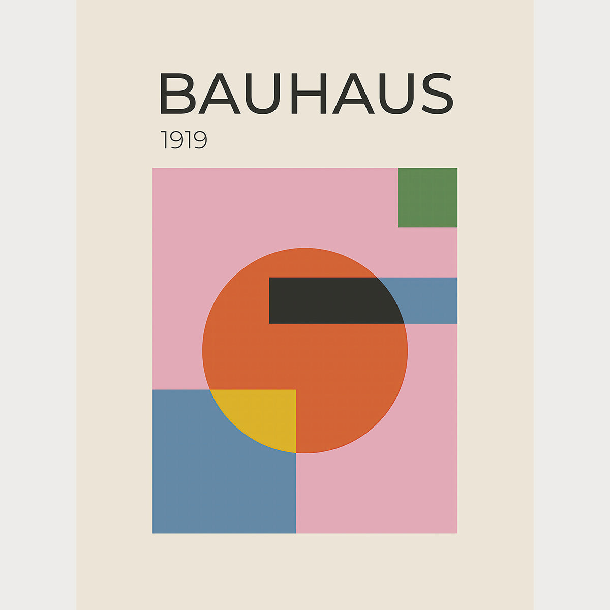 Bauhaus-inspired wall art print featuring geometric shapes and vibrant colors reflecting the Bauhaus art movement.