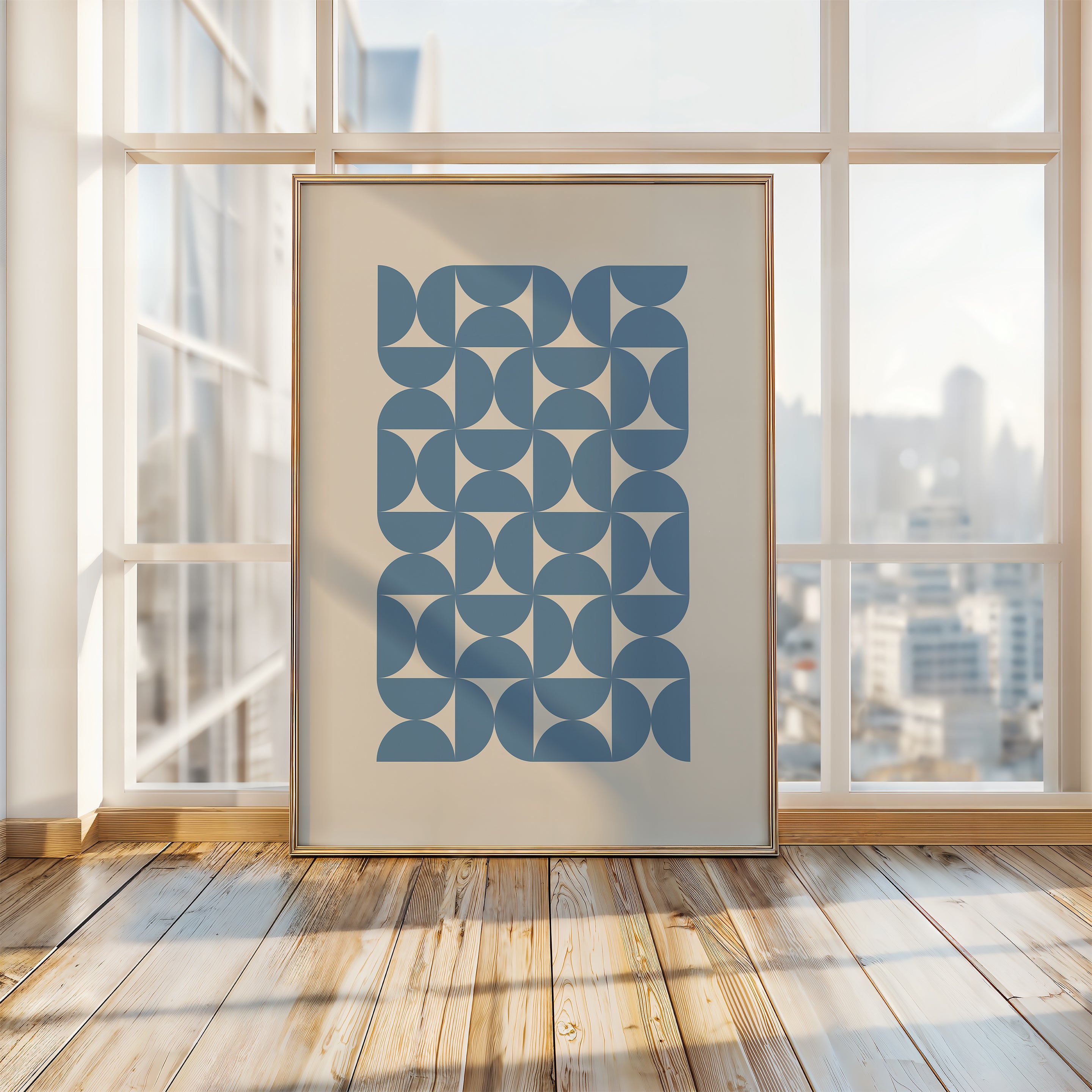 Bauhaus Waves wall art print featuring blue semicircles on a neutral background, showcasing modern Bauhaus design.
