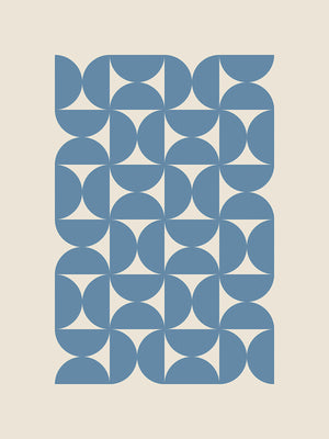 Bauhaus Waves art print featuring geometric blue semicircles on a neutral background, inspired by Bauhaus design.