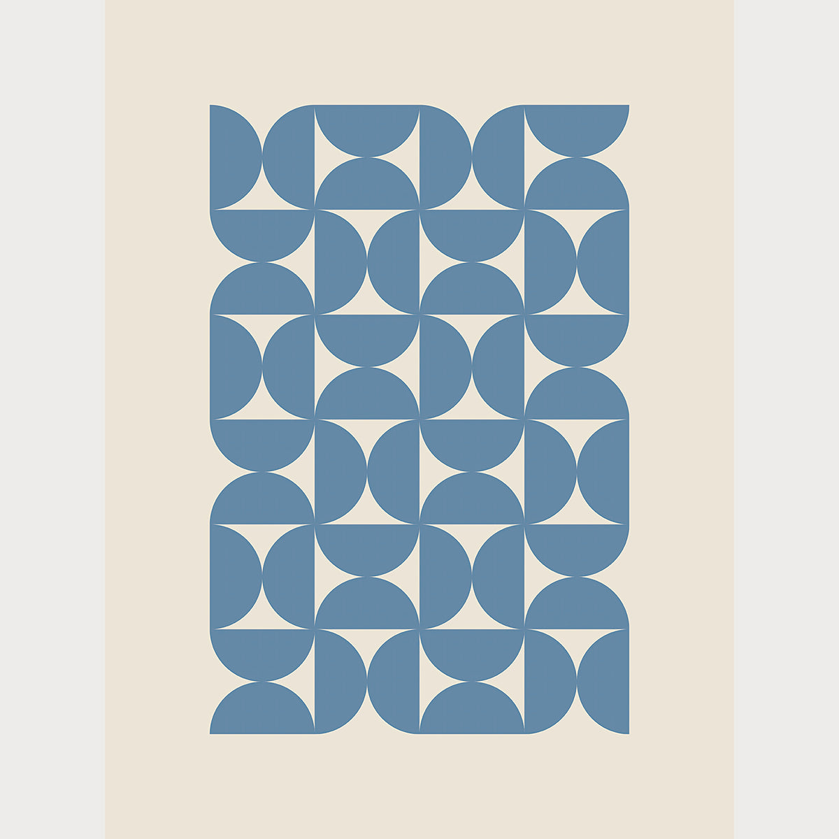 Bauhaus Waves art print featuring geometric blue semicircles on a neutral background, inspired by the Bauhaus design movement.