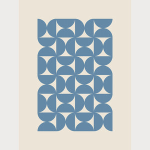 Bauhaus Waves art print featuring geometric blue semicircles on a neutral background, inspired by the Bauhaus design movement.