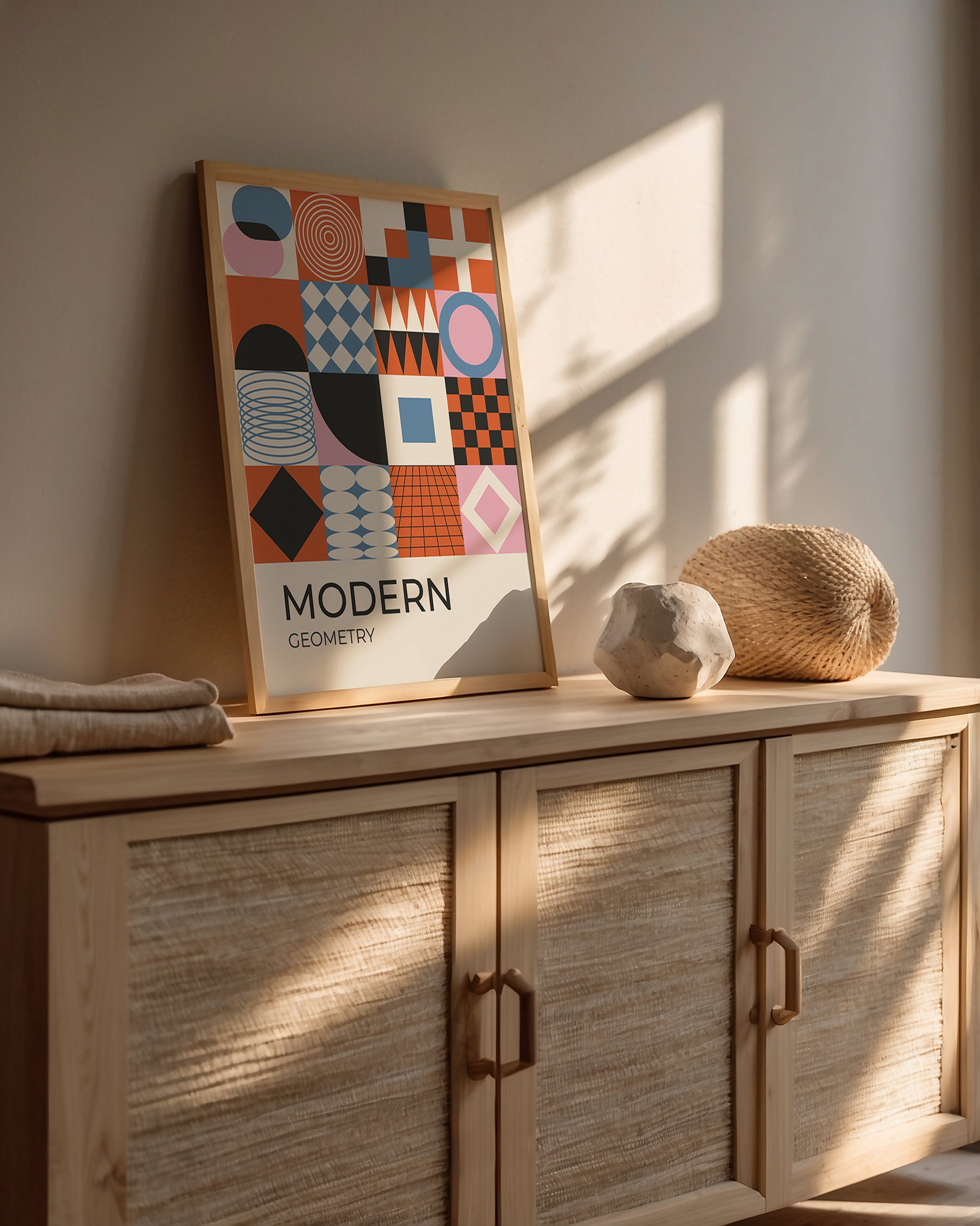Modern Geometry wall art print with abstract shapes inspired by Bauhaus design and mid-century modernism.