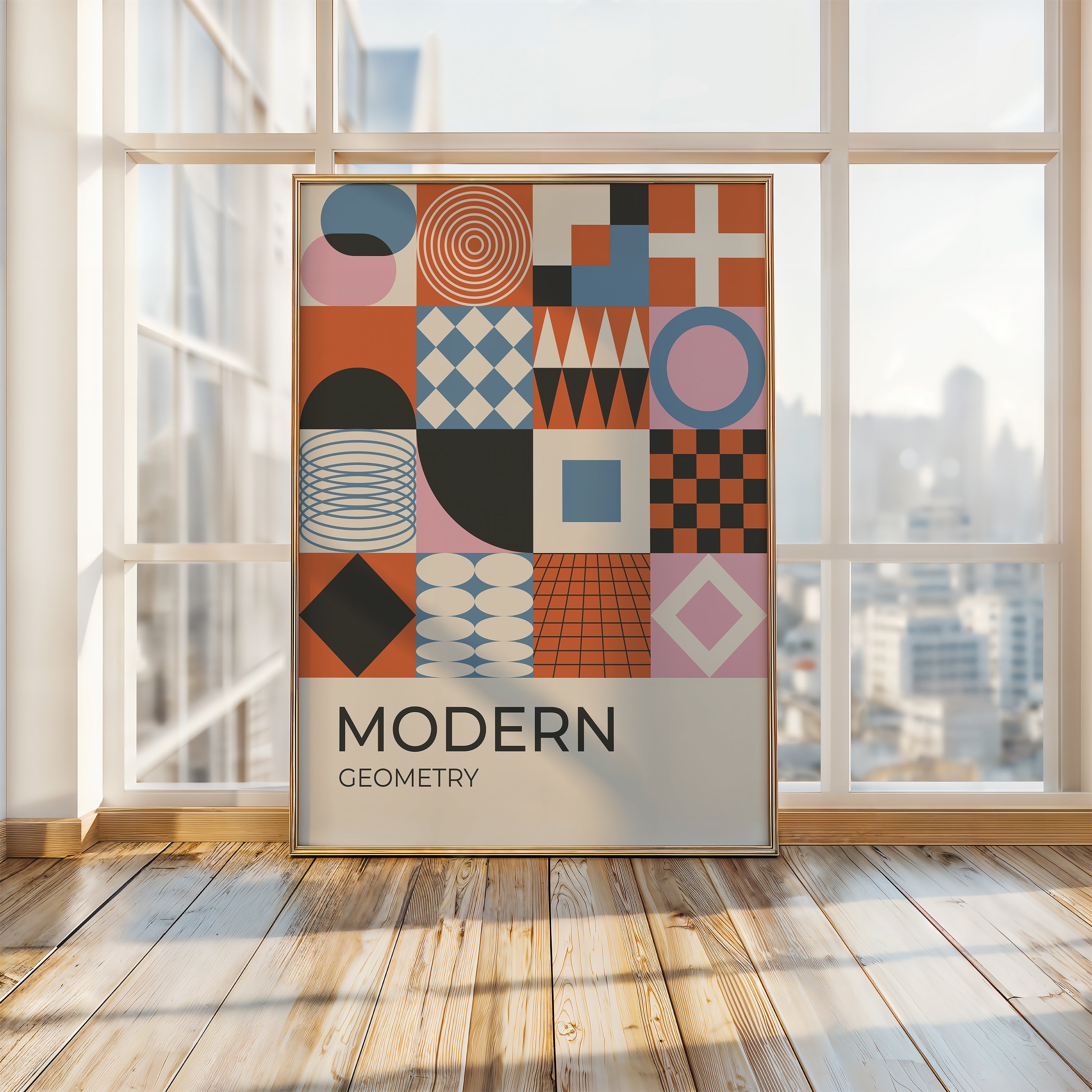 Bauhaus-inspired wall art print featuring geometric shapes in orange, pink, black, and blue, showcasing modern design.