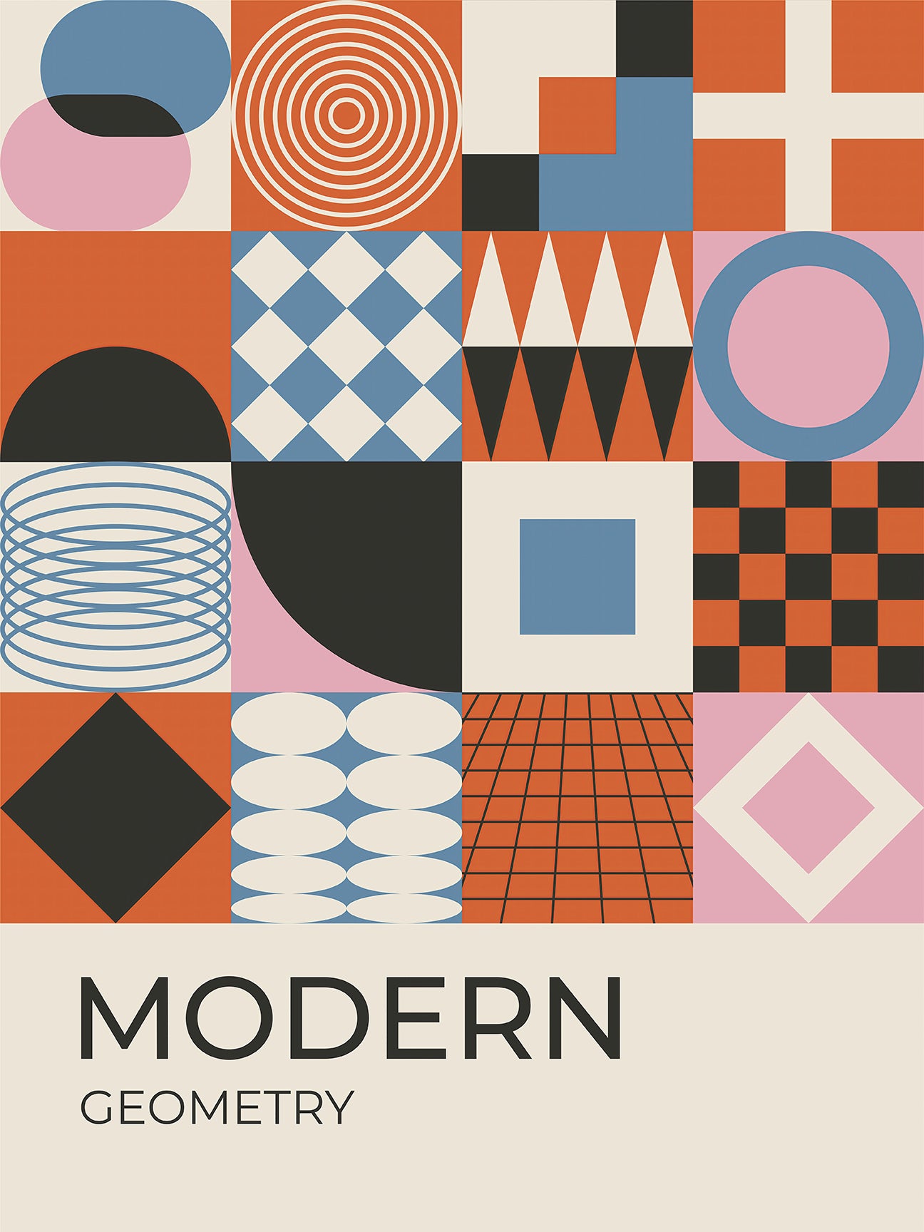 Bauhaus-inspired wall art print featuring modern geometric shapes in bold colors and patterns.