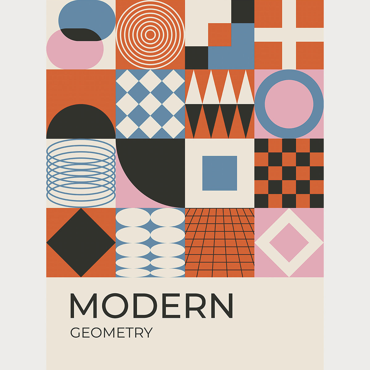 Modern geometric art print featuring bold shapes and colors inspired by Bauhaus design.