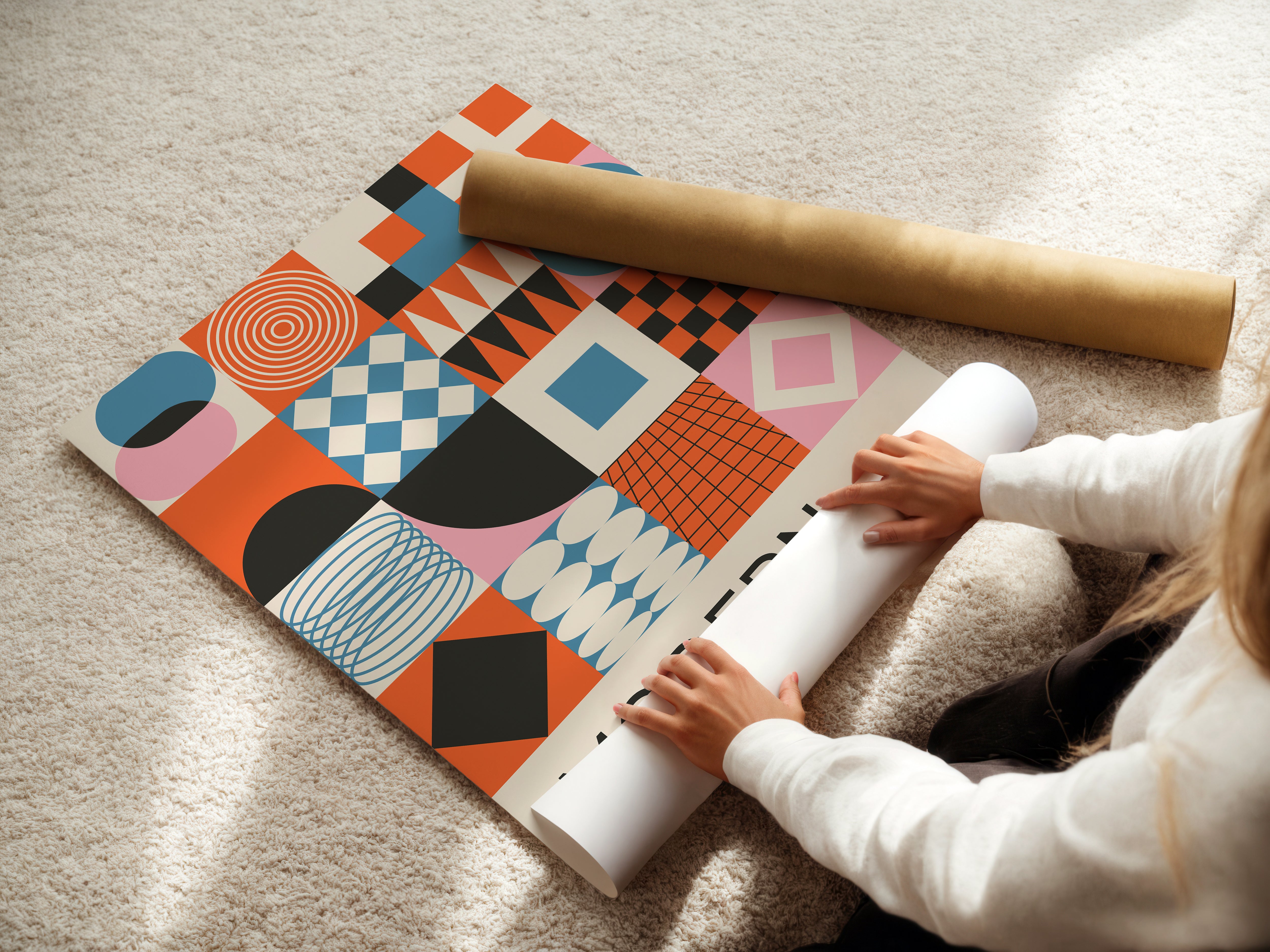 Woman unrolling a colorful Bauhaus-inspired art print featuring geometric shapes and bold colors on a soft rug.