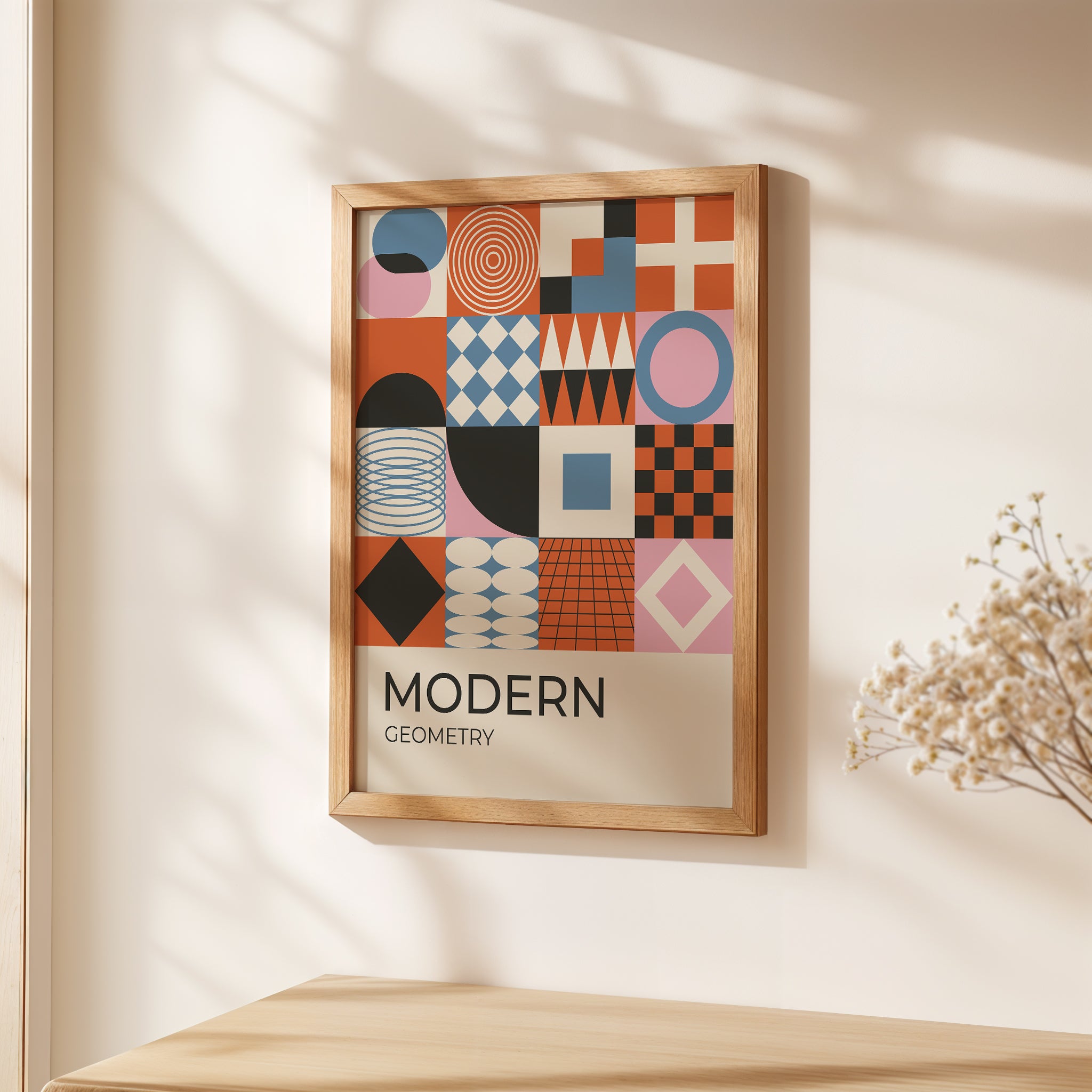 Bauhaus Carnival wall art print featuring geometric shapes in orange, pink, black, and blue, showcasing modern design elements.
