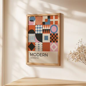 Bauhaus Carnival wall art print featuring geometric shapes in orange, pink, black, and blue, showcasing modern design elements.