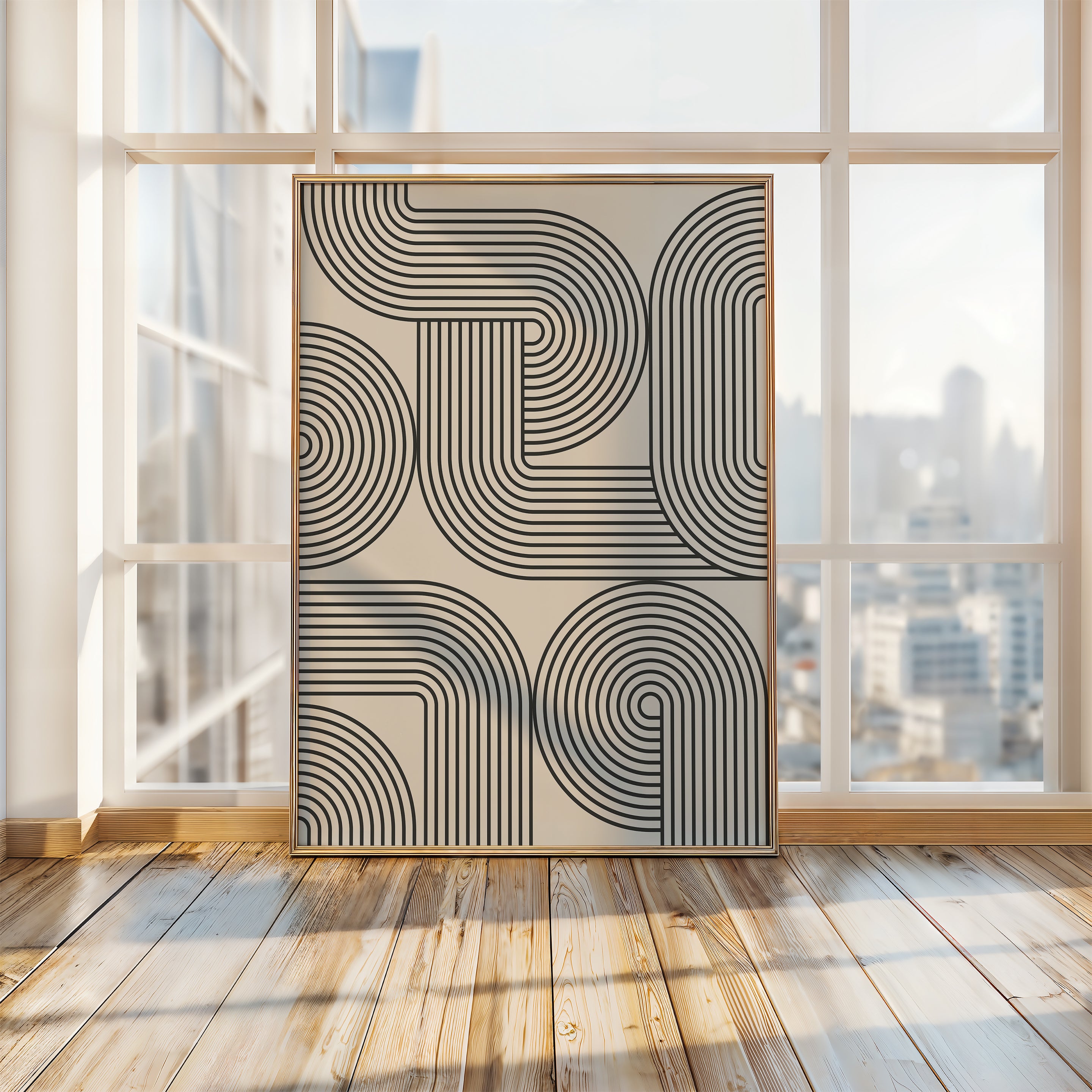Monoline Motion art print featuring rhythmic black lines on cream, inspired by Bauhaus design and modern abstract art.