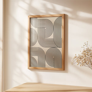 Monoline Motion art print featuring geometric black lines on cream, inspired by Bauhaus design for modern wall art.