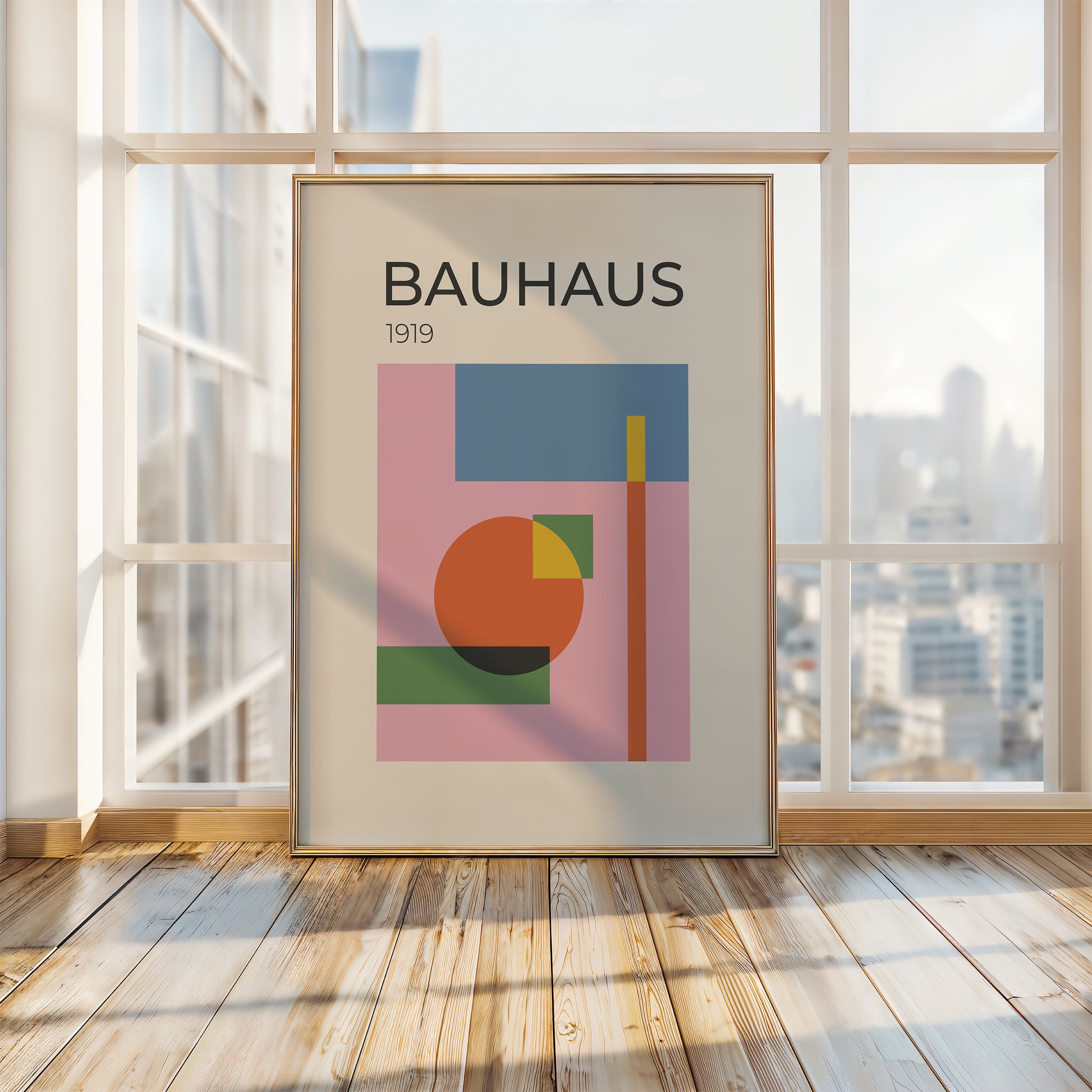 Bauhaus art print in a modern interior, featuring geometric shapes and vibrant colors on a pink backdrop.