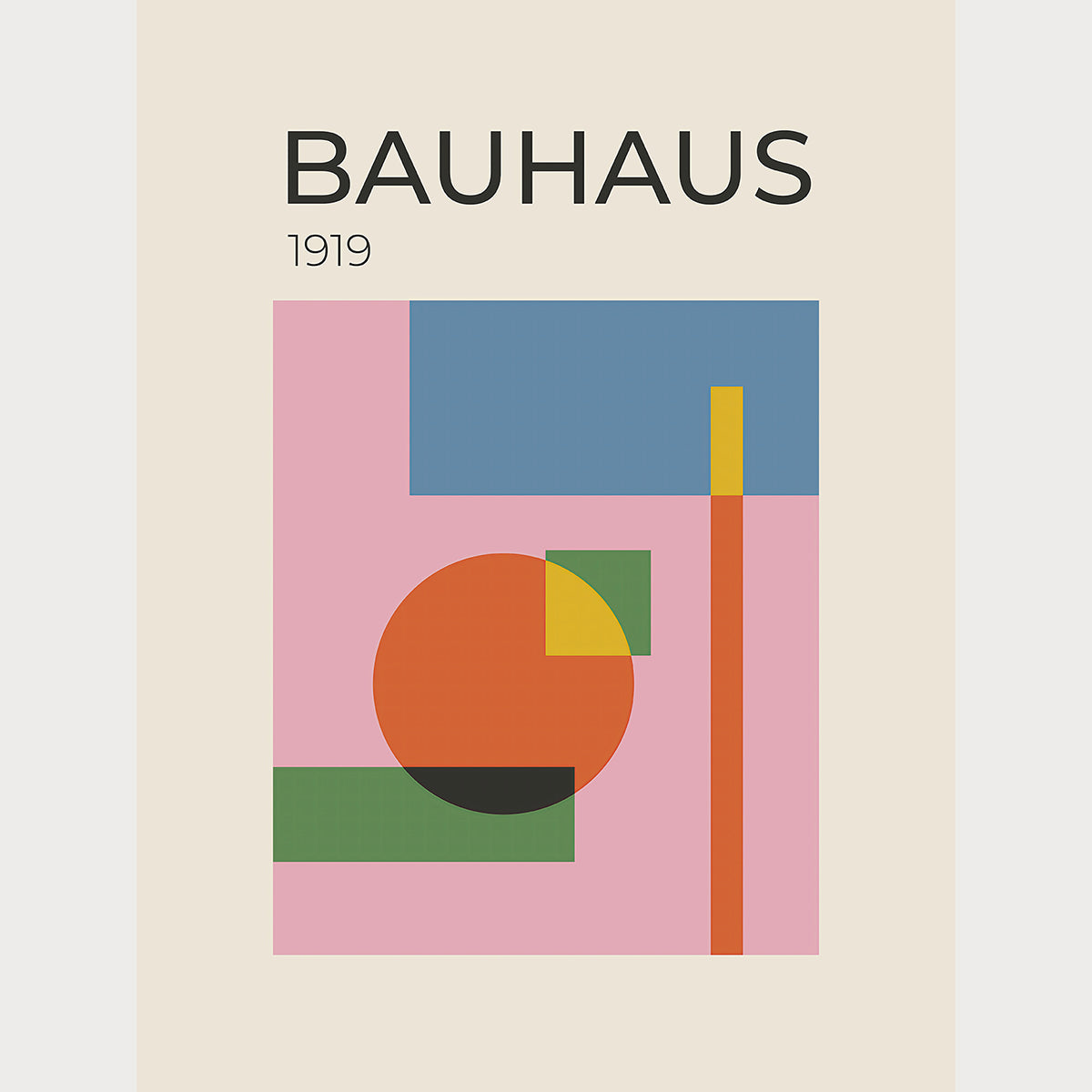 Bauhaus 1919 art print featuring geometric shapes in warm and cool tones, showcasing modern abstract design.