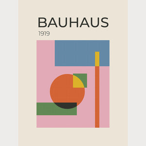 Bauhaus 1919 art print featuring geometric shapes in warm and cool tones, showcasing modern abstract design.