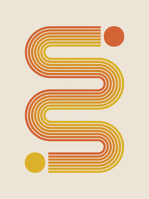Bauhaus-inspired art print featuring sunset-toned curved lines with vivid circles, ideal for modern wall art.