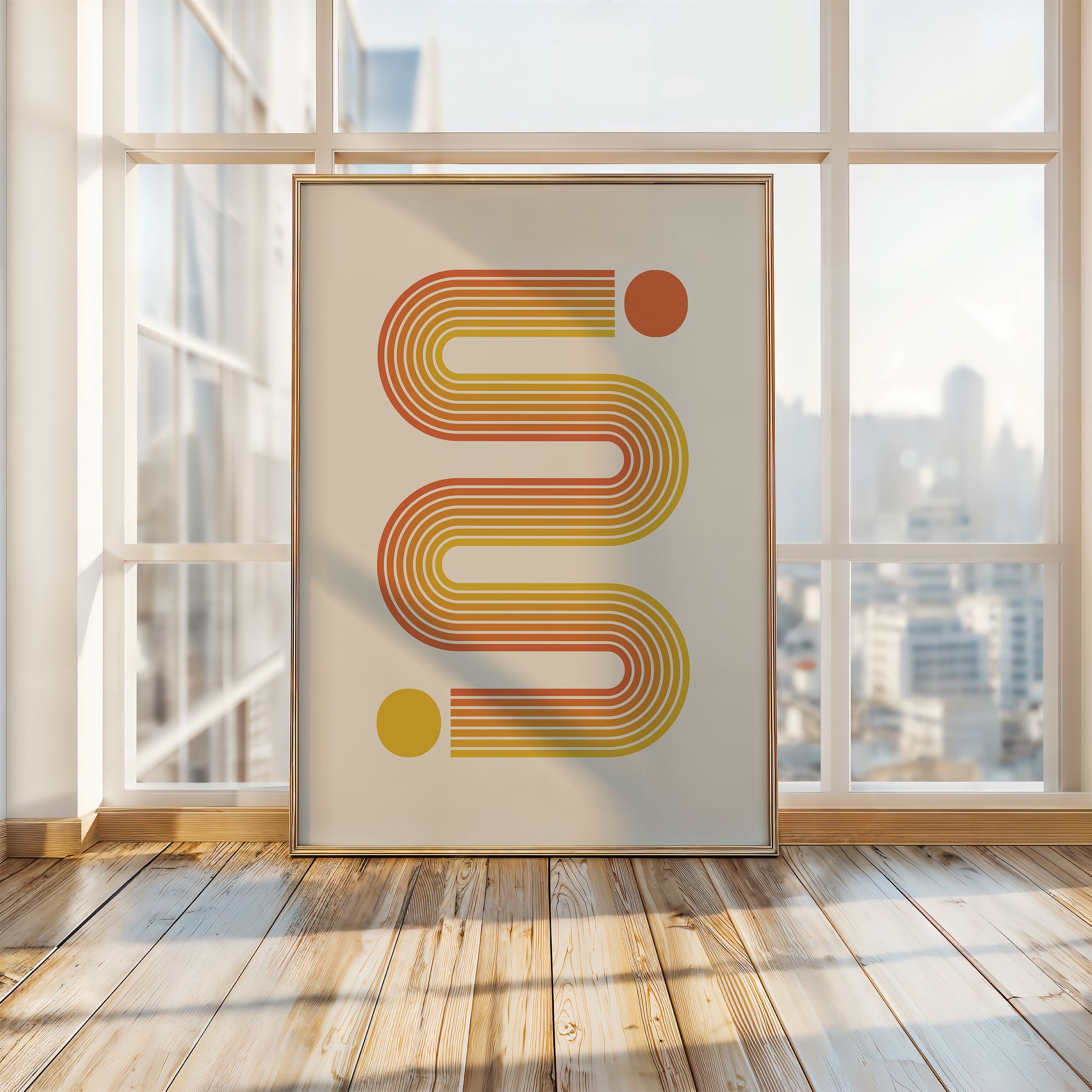 Bauhaus-inspired art print featuring sunset-toned lines and vivid circles in a modern interior setting.