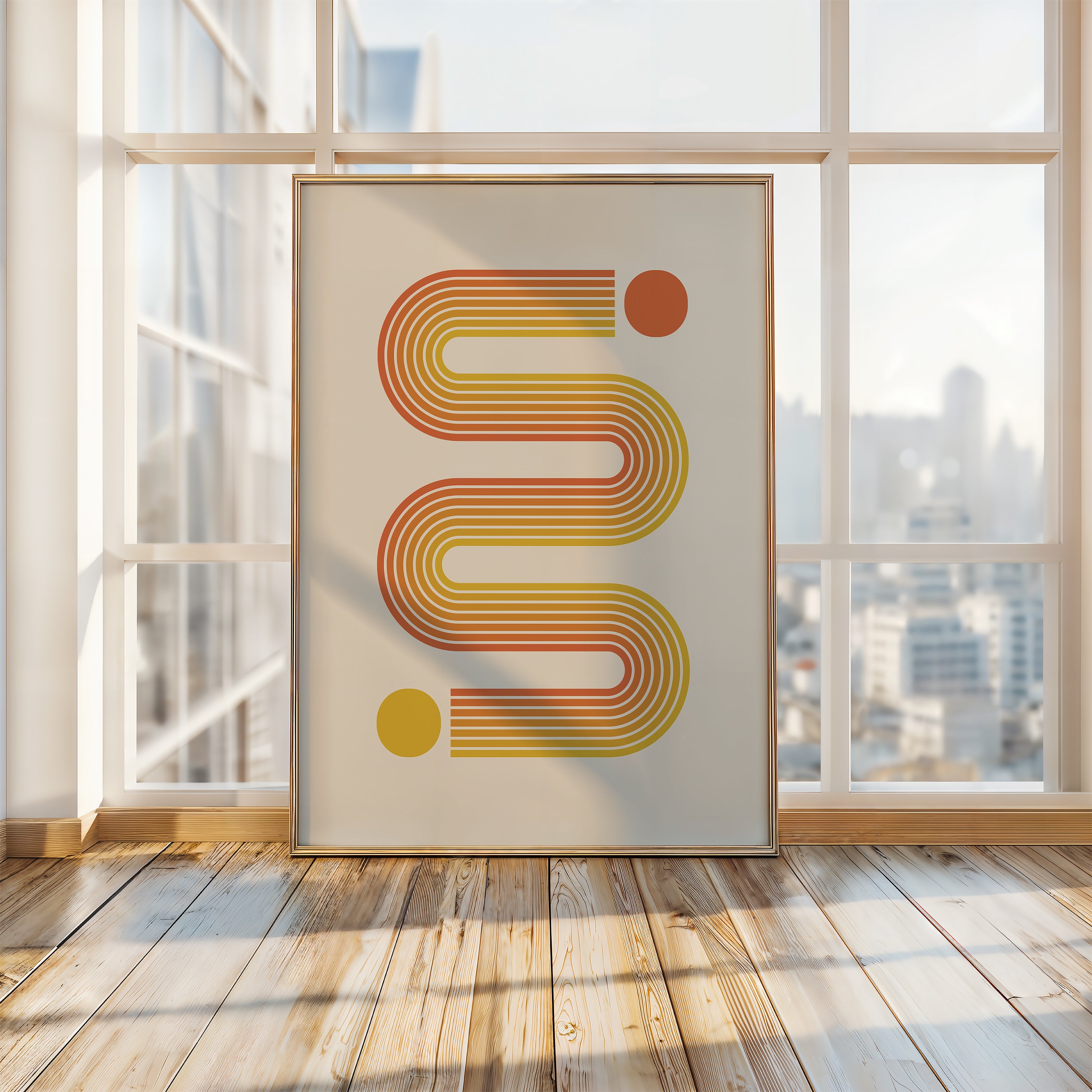 Bauhaus-inspired art print featuring sunset-toned lines and vivid circles in a modern interior setting.