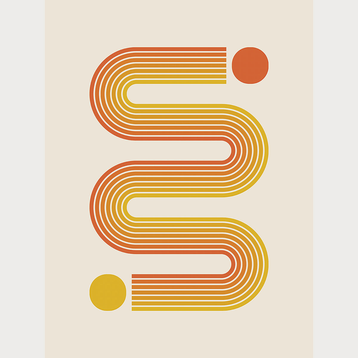 Bauhaus-inspired art print featuring sunset-toned lines in golden yellow and burnt orange with two vivid circles.
