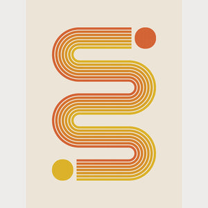 Bauhaus-inspired art print featuring sunset-toned lines in golden yellow and burnt orange with two vivid circles.