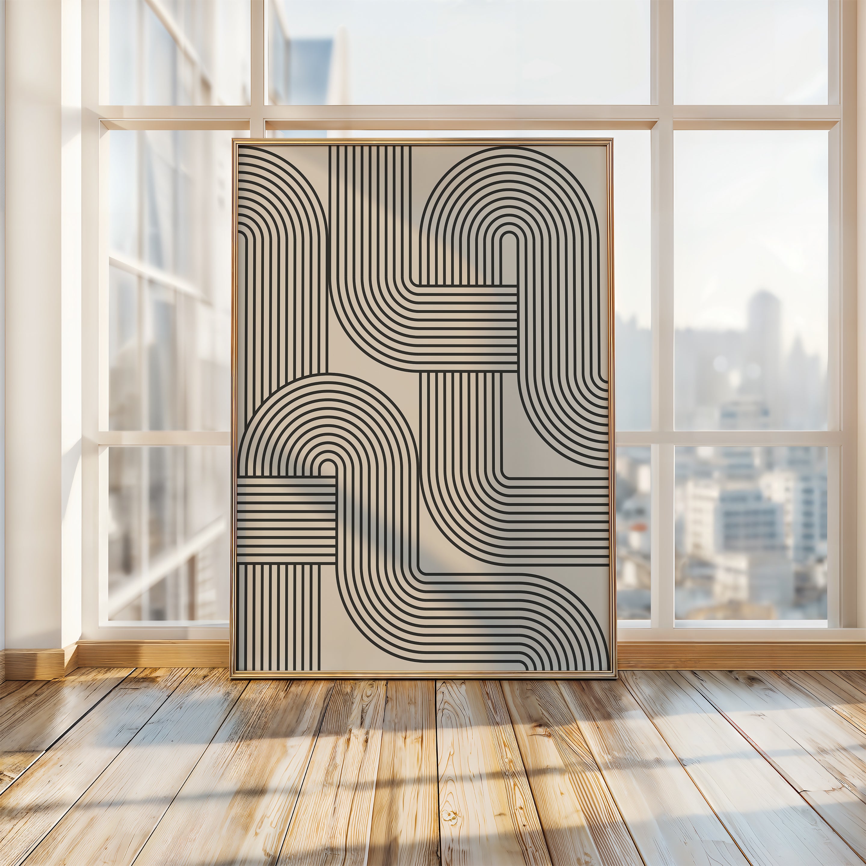 Loop Logic Bauhaus wall art print featuring dynamic black line patterns in a modern interior setting