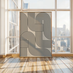 Loop Logic Bauhaus wall art print featuring dynamic black line patterns in a modern interior setting