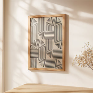 Bauhaus-inspired wall art print 'Loop Logic' featuring hypnotic black lines in a modern frame, ideal for contemporary decor.