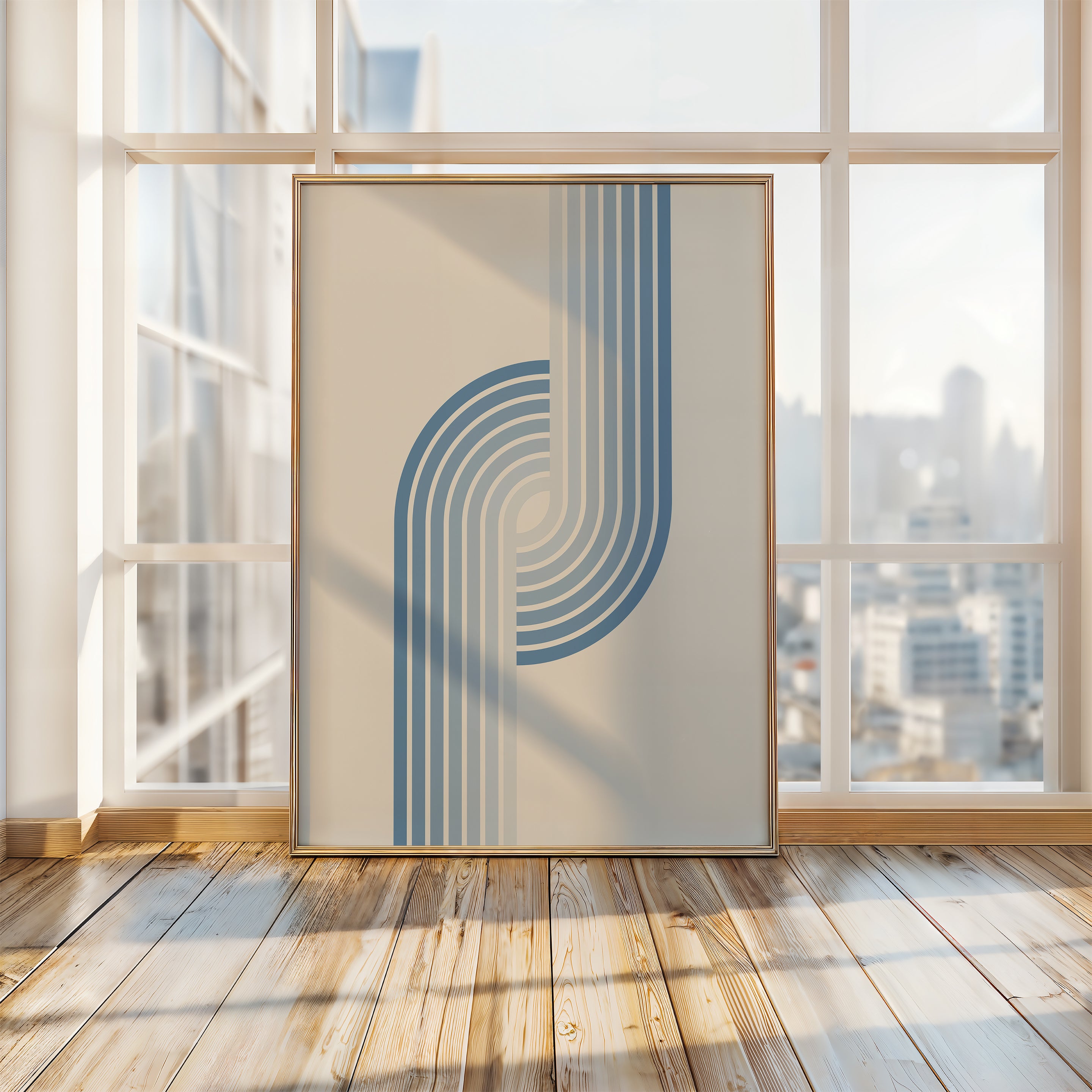 Minimalist Bauhaus wall art print 'Arctic Current' featuring soft blue stripes in a geometric design.