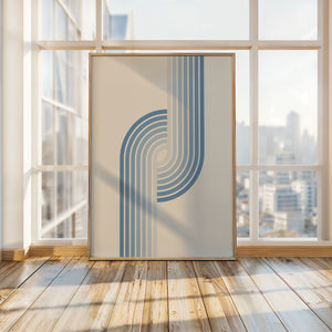 Minimalist Bauhaus wall art print 'Arctic Current' featuring soft blue stripes in a geometric design.