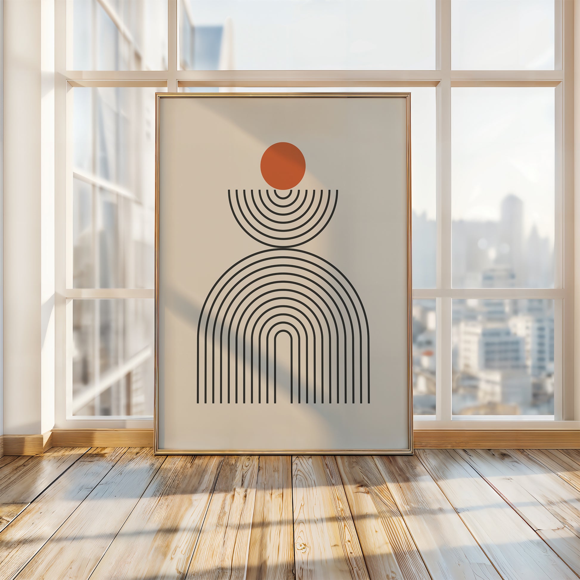 Modern Totem art print featuring Bauhaus design with geometric shapes, orange circle, and arch-like curves.