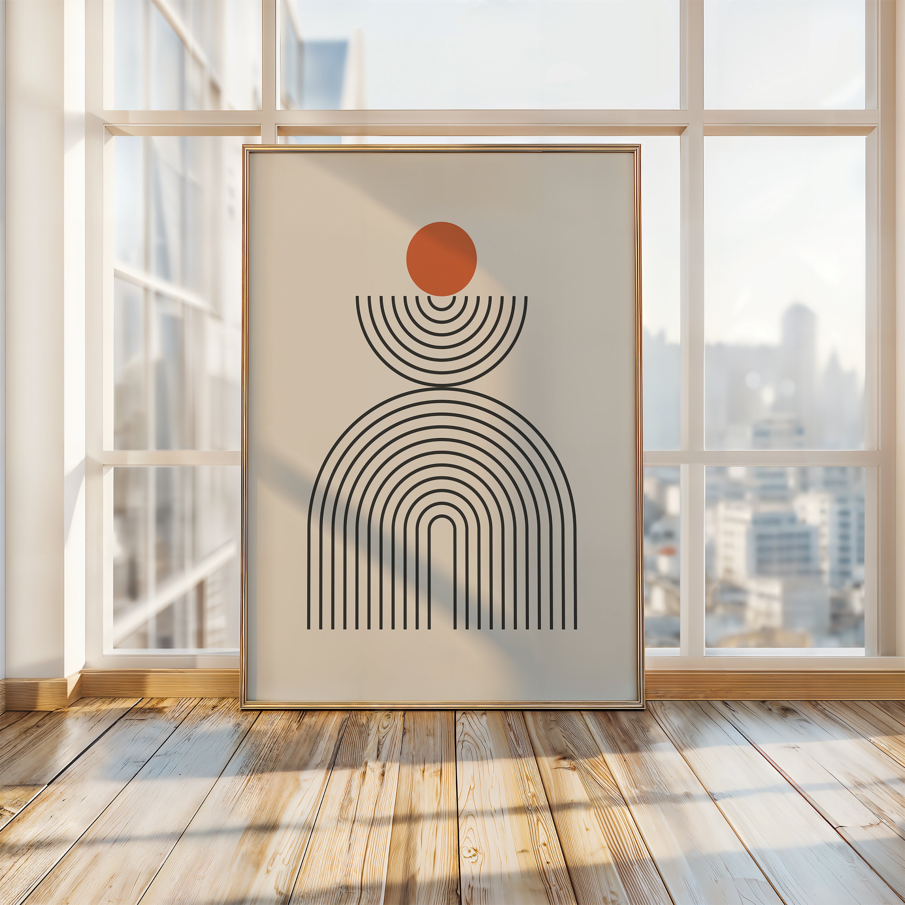 Modern Totem art print featuring Bauhaus design with geometric shapes, orange circle, and arch-like curves.