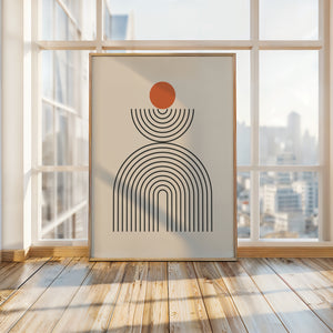 Modern Totem art print featuring Bauhaus design with geometric shapes, orange circle, and arch-like curves.