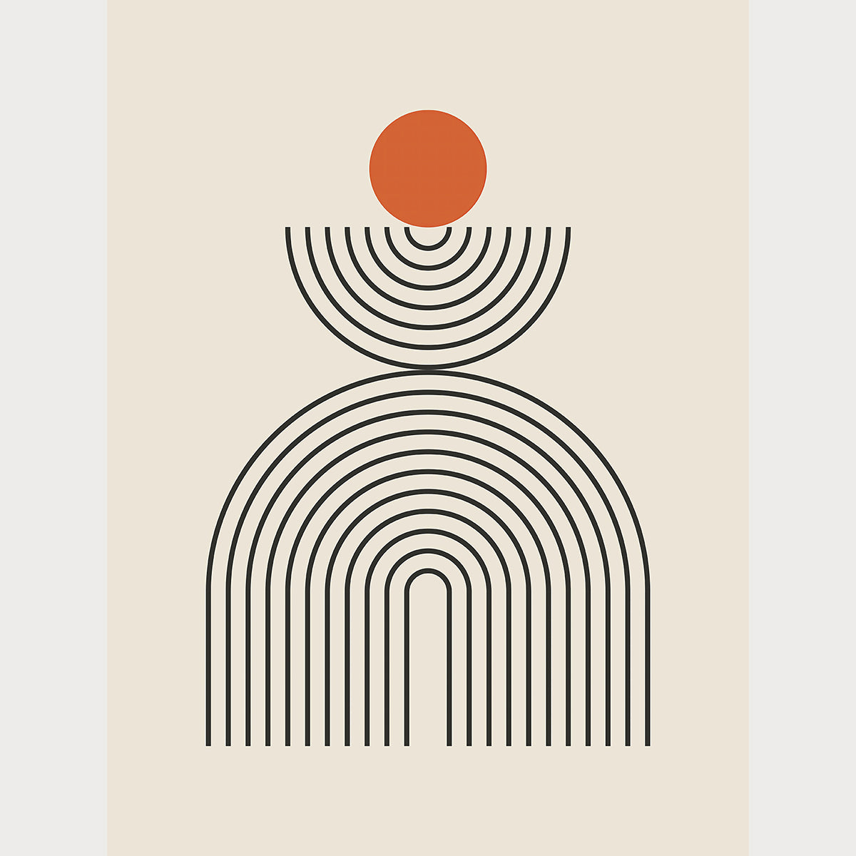 Bauhaus wall art featuring minimalist geometric shapes with an orange circle above arch-like curves.