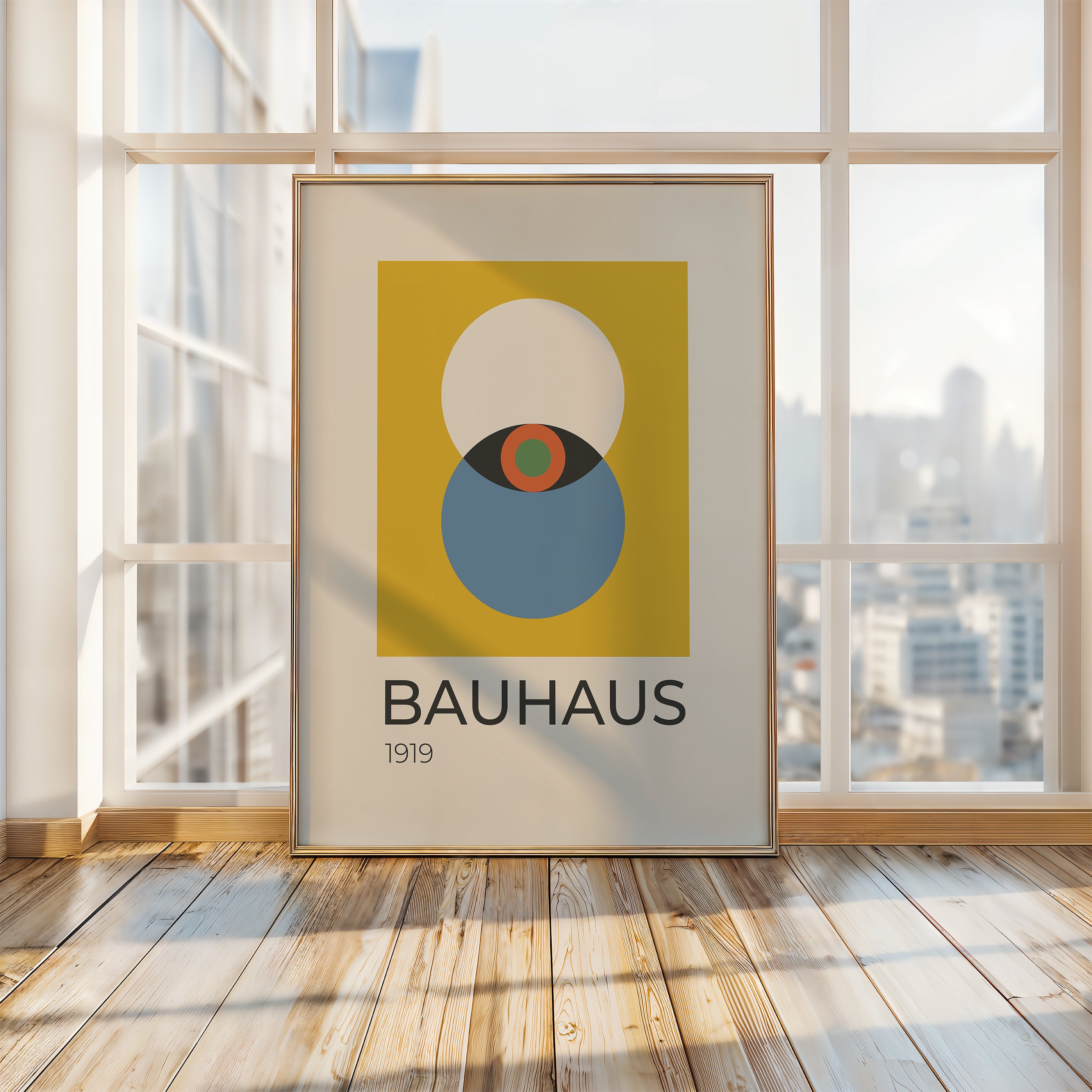 Bauhaus wall art print featuring bold colors and geometric design elements in a modern interior setting.