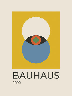 Bauhaus wall art print featuring overlapping circles and bold colors, inspired by Bauhaus modernism.