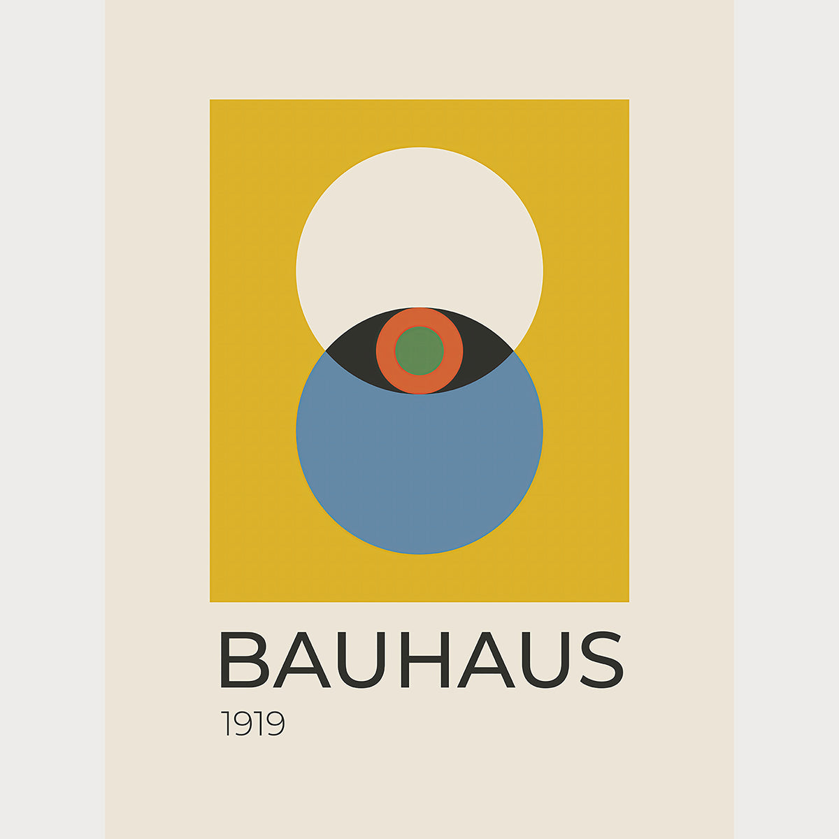 Bauhaus wall art print featuring bold shapes and colors in a minimalist design, inspired by Bauhaus modernism.