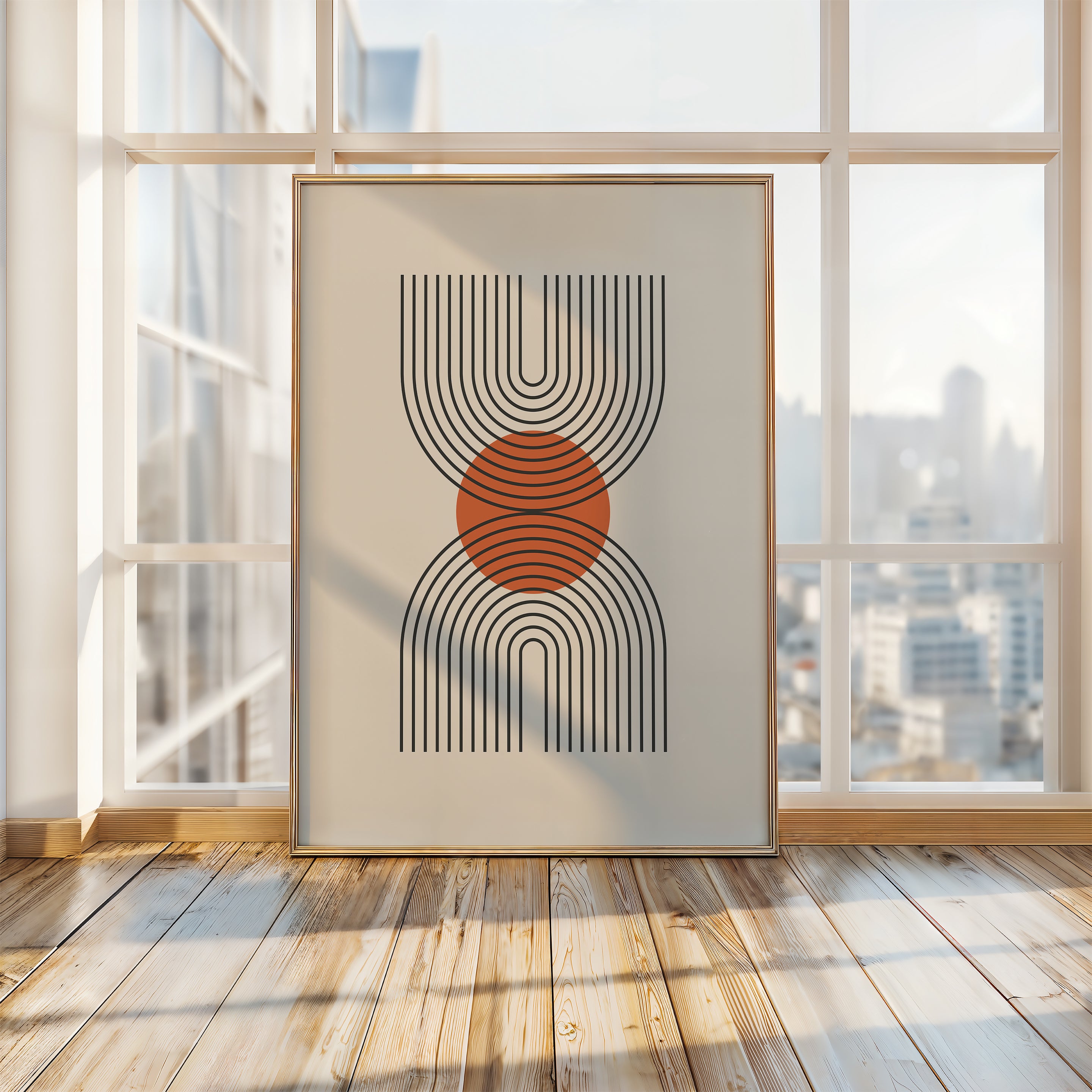Bauhaus-inspired wall art print featuring U-shaped lines and a terracotta sun against a modern interior.