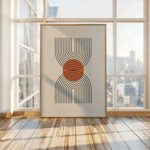 Bauhaus-inspired wall art print featuring U-shaped lines and a terracotta sun against a modern interior.