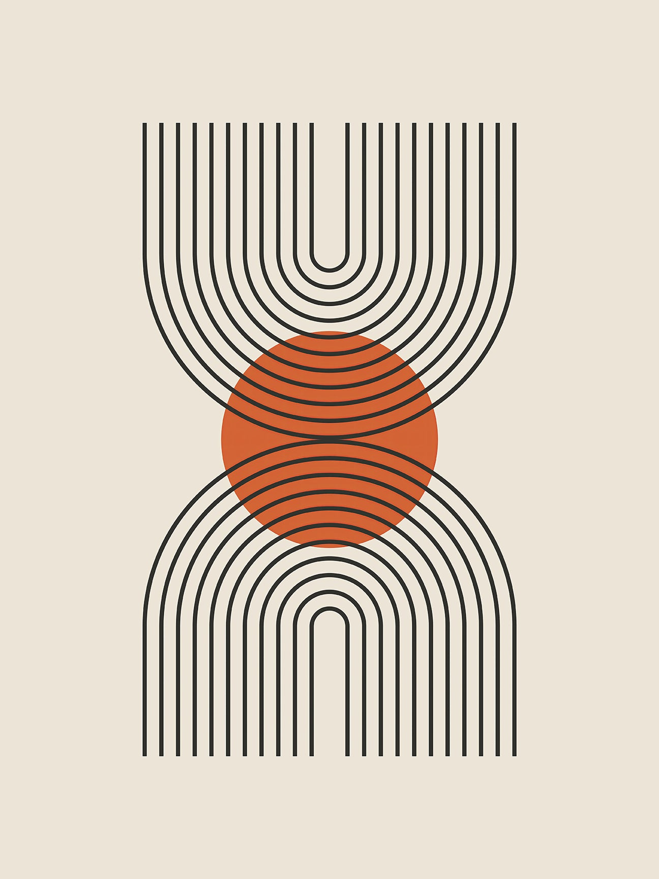Bauhaus-inspired wall art print featuring geometric lines and a terracotta sun.