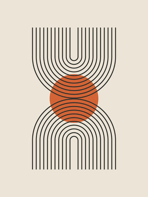 Bauhaus-inspired wall art print featuring geometric lines and a terracotta sun.