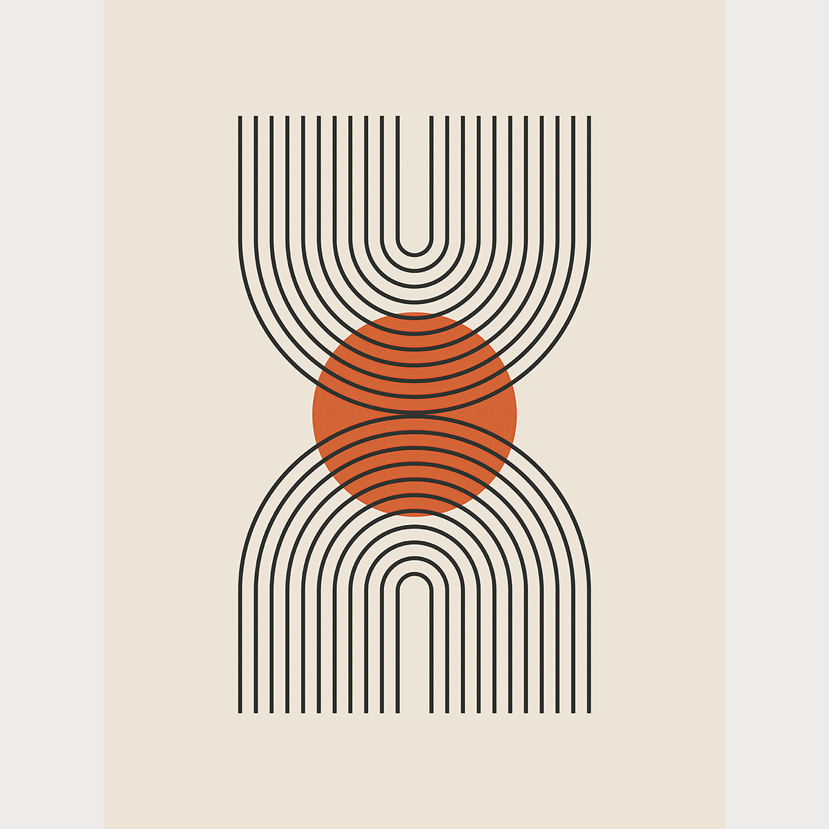 Bauhaus-inspired wall art print featuring geometric U-shaped lines and a terracotta circle.
